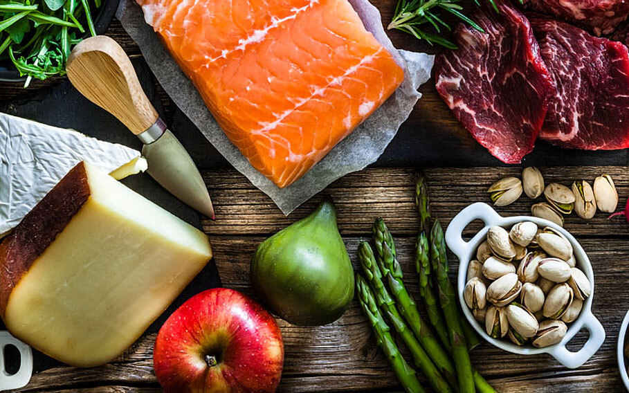 Salmon, veggies, fruit and other healthy foods